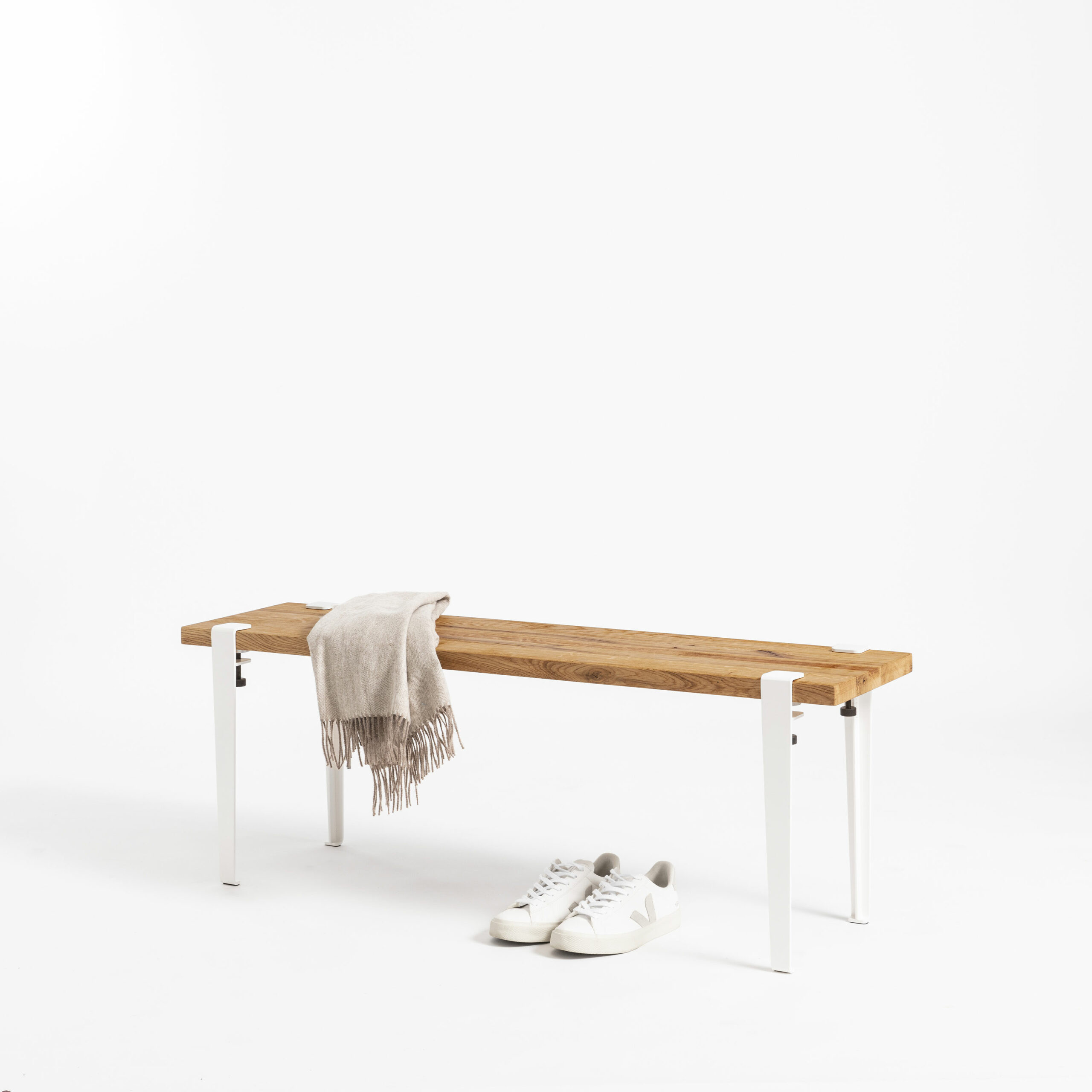 Bench with legs in white steel and reclaimed wood TIPTOE